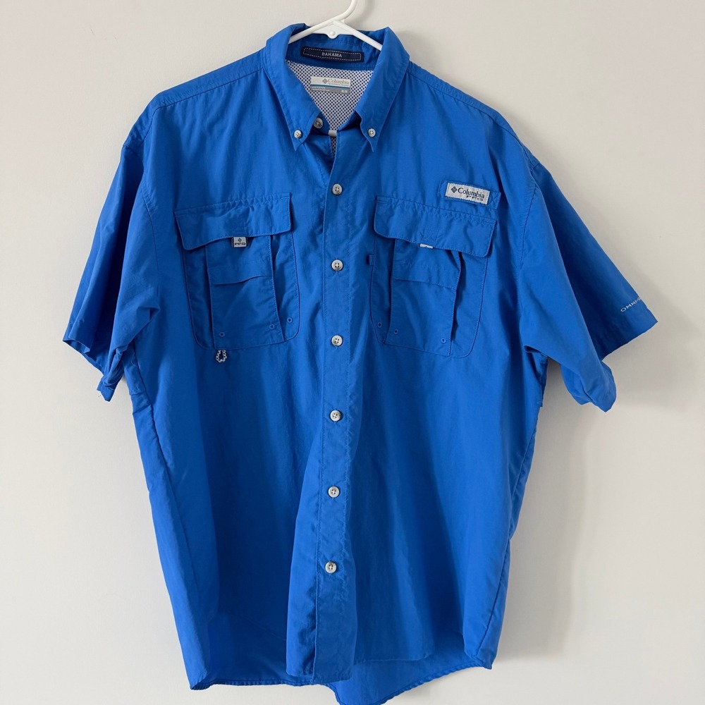 Columbia PFG Bahama Fishing Shirt Mens Medium Blue Short Sleeve UPF Quick Dry